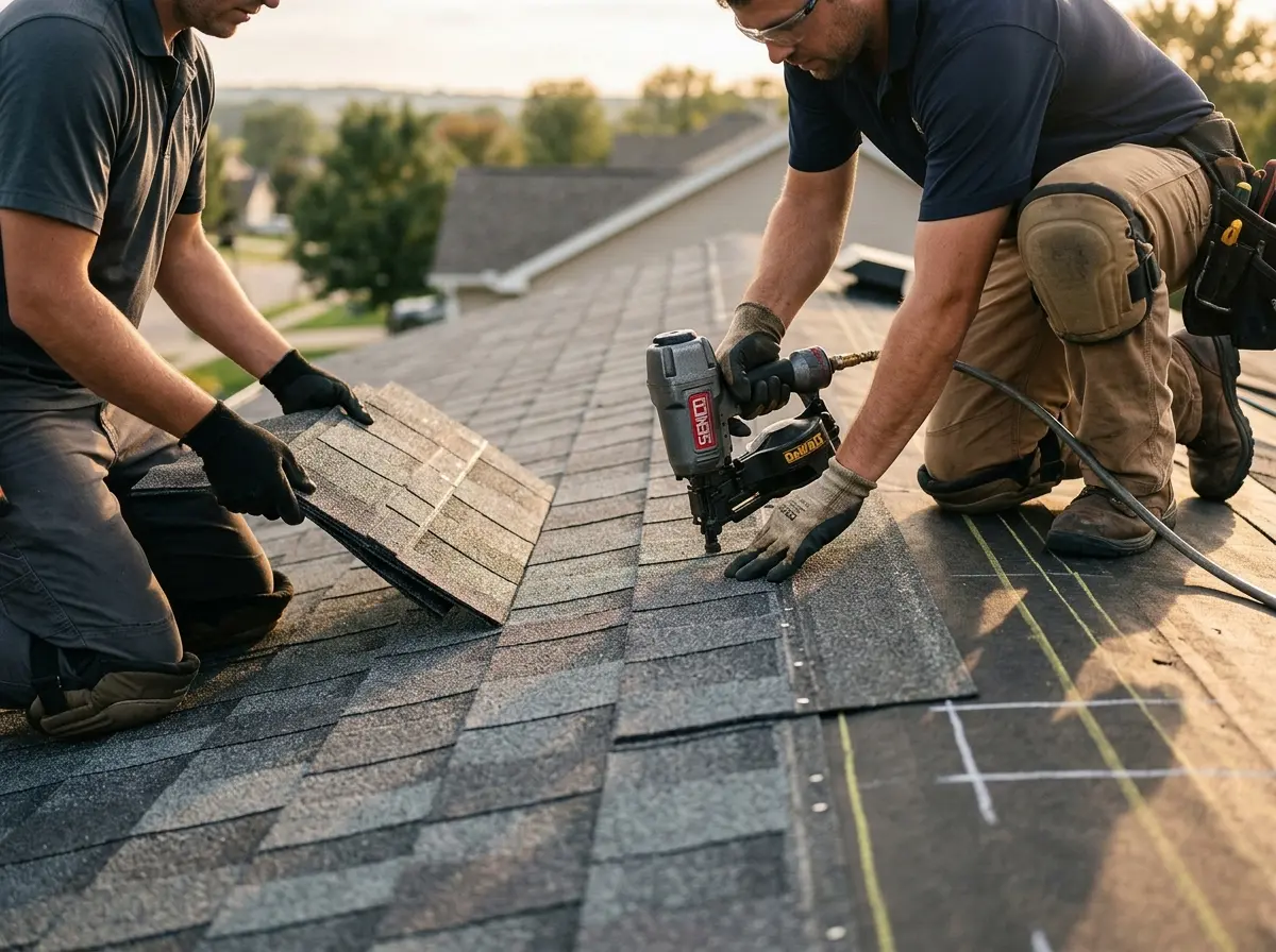 Professional roofer working on a residential roof in Linden